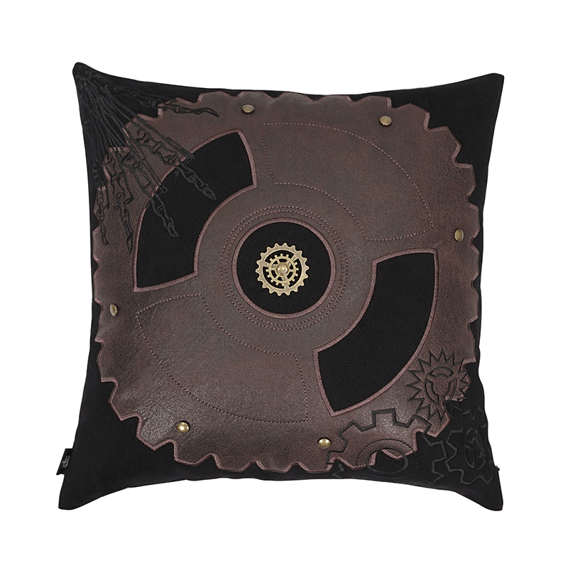 Black Vintage Pillow With Brown Cracked Leather To Make Gear Shape / Unique Pillows For Home Decor - HARD'N'HEAVY