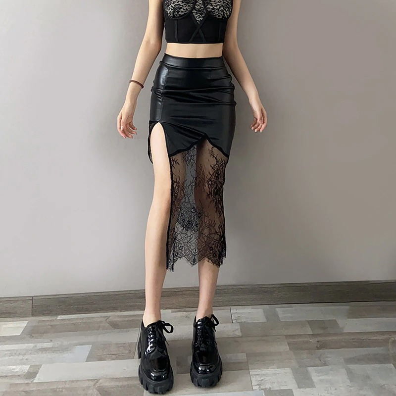 Black vintage high waist skirt for women featuring a lace design, perfect for gothic and cosplay styles.