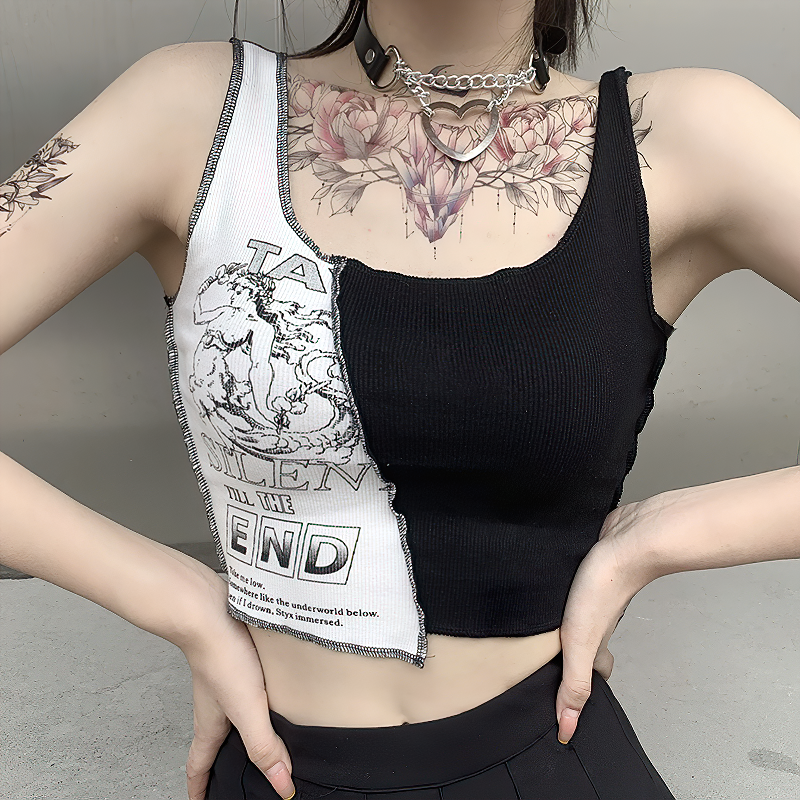 Black and white alternative women's tank top with stylish print, perfect for summer streetwear.