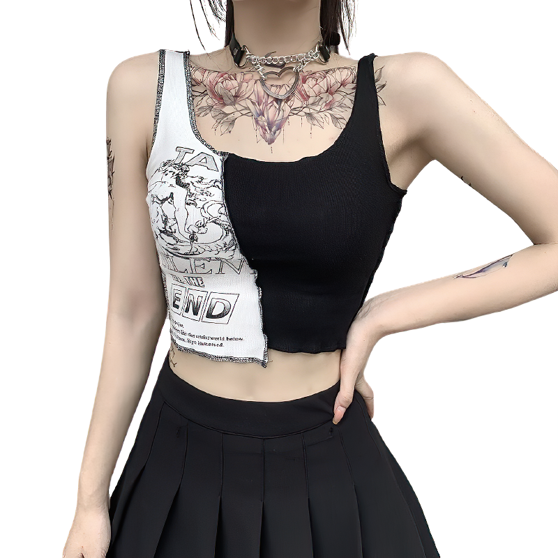 Alternative women's black and white sleeveless tank top with stylish print, perfect for summer streetwear.