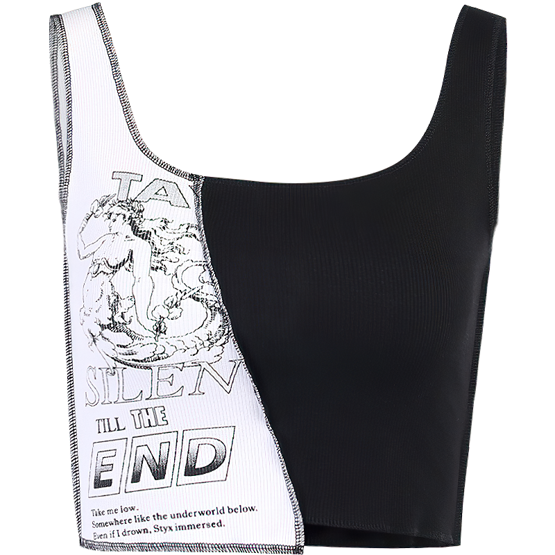 Alternative women's black and white sleeveless tank top with artistic print, perfect for summer streetwear.