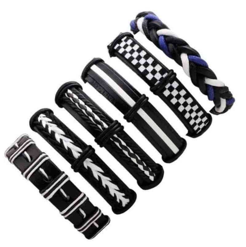 Set of 6 black and white leather bracelets with braided rope designs, ideal for a rock style look.