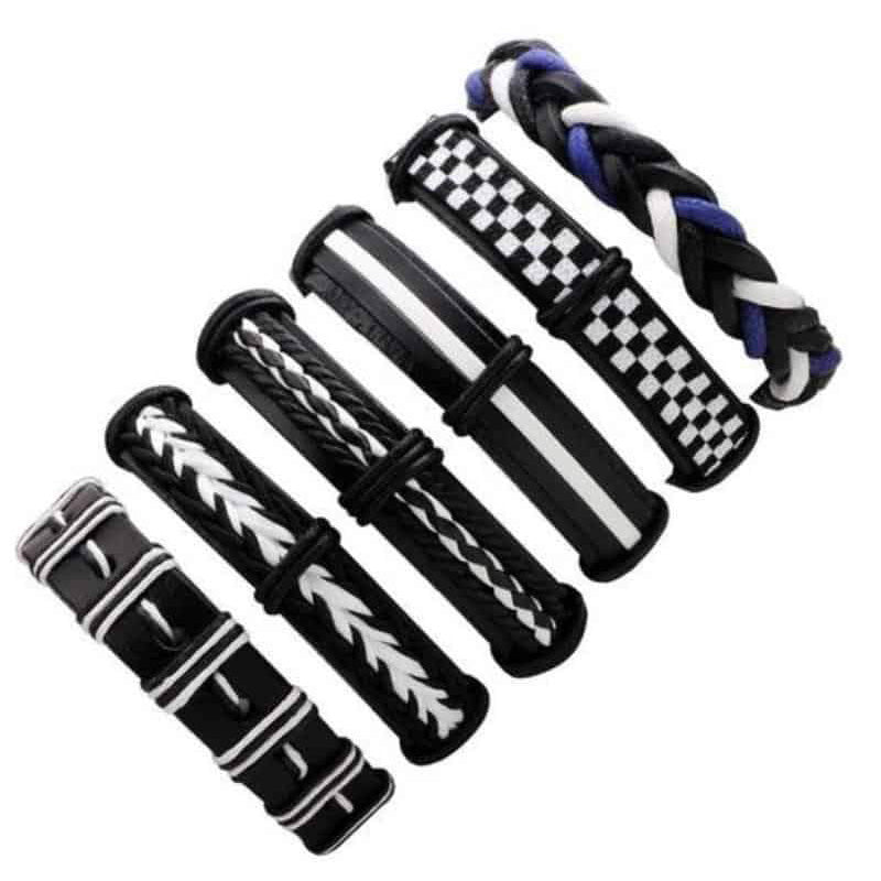 Set of 6 black and white leather bracelets with braided and rock style designs for men and women.