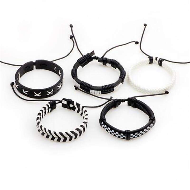 Set of 5 black and white leather bracelets featuring unique designs, perfect for men and women in rock style.