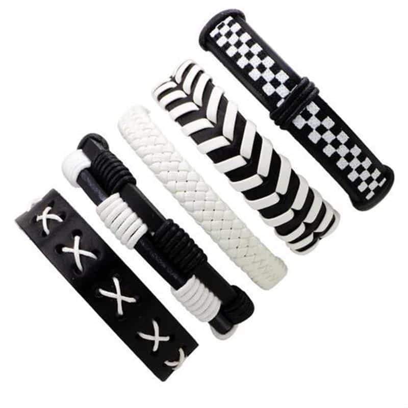 Set of 5 black and white leather bracelets, stylish rock accessories for men and women.