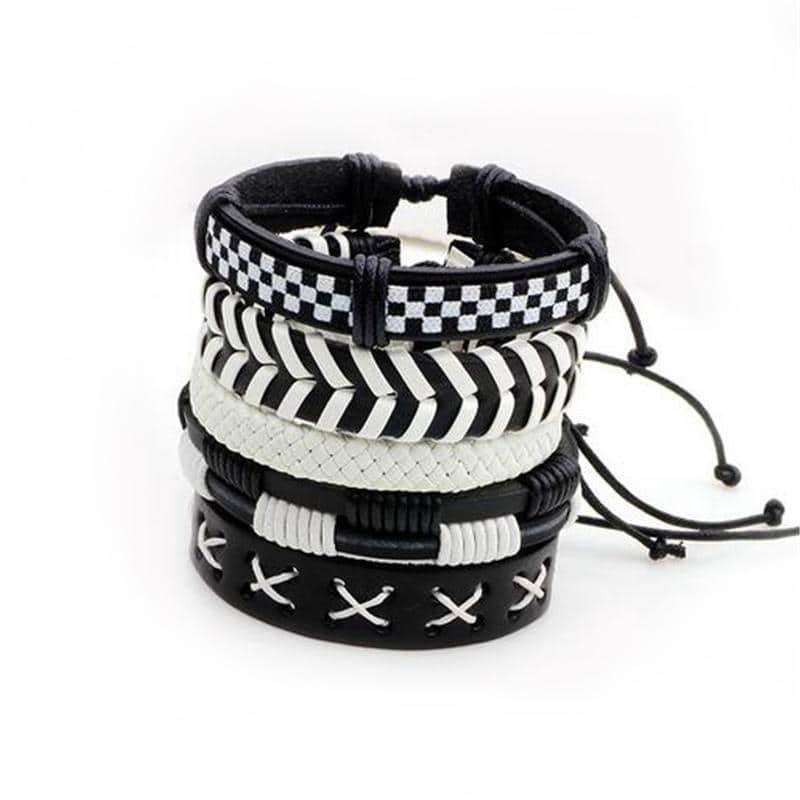 Black and white leather bracelet set of 5, featuring braided designs, perfect for a rock style accessory for all genders.