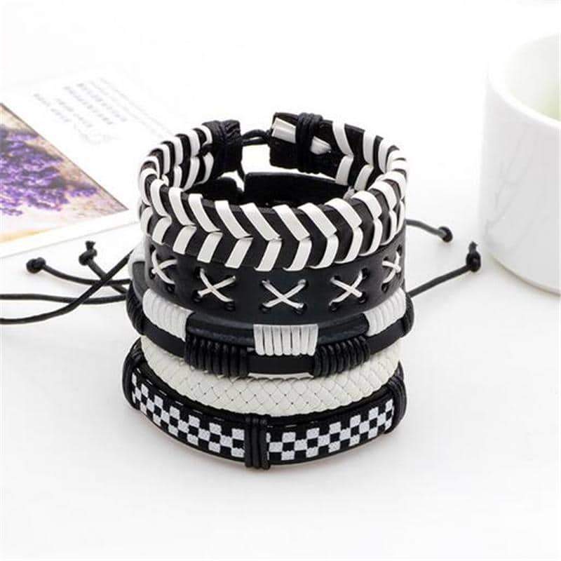 Set of 5 black and white leather bracelets, stylish rock style wristbands for men and women, versatile accessory.