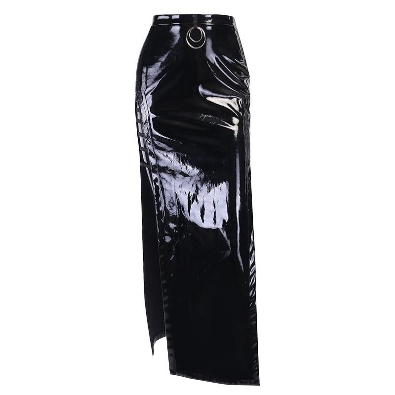 Black Witch Skirt / Vintage Gothic Long Zipper PU Skirt with Metal Ring / Punk Aesthetic Grunge - HARD'N'HEAVY