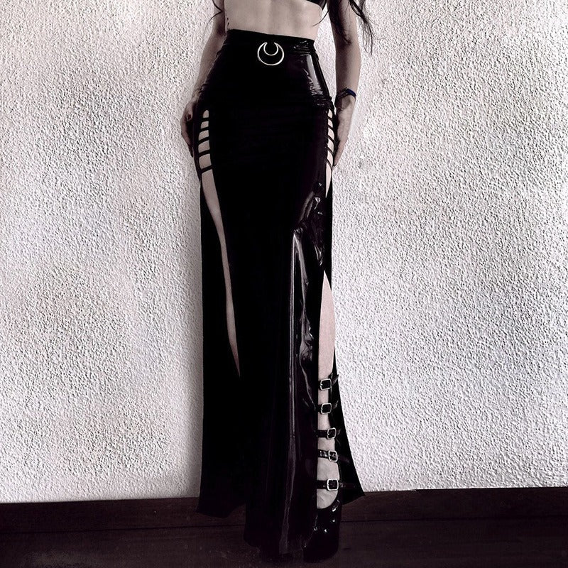 Black Witch Skirt / Vintage Gothic Long Zipper PU Skirt with Metal Ring / Punk Aesthetic Grunge - HARD'N'HEAVY