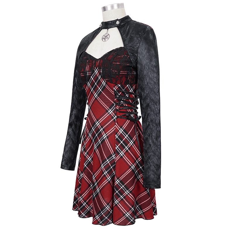 Black and red punk dress with checkered print and pentagram collar, perfect for edgy style lovers.