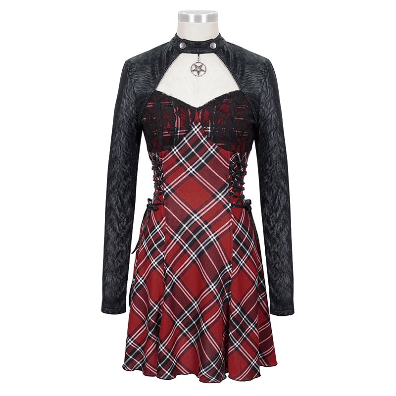 Women's black and red punk dress with checkered print and pentagram collar, perfect for grunge style lovers.