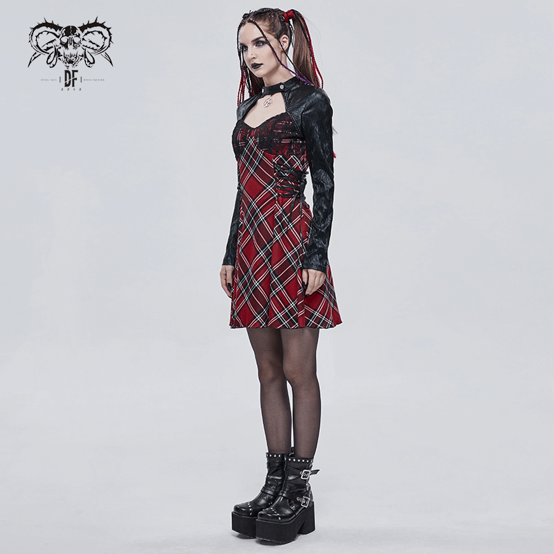 Punk-style black and red checkered dress for women with pentagram collar, perfect for grunge fashion lovers.
