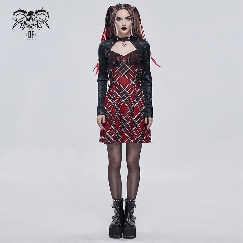 Black and red punk dress with checkered print and pentagram collar on a model, perfect for edgy fashion lovers.