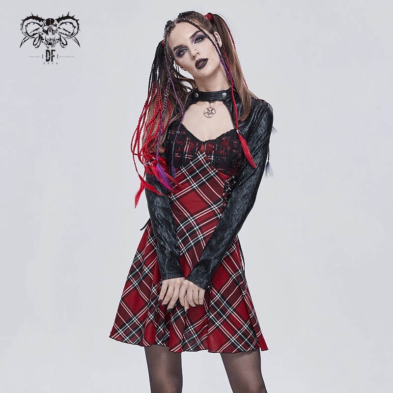 Fashionable black and red punk checkered dress with pentagram collar, perfect for edgy female style.