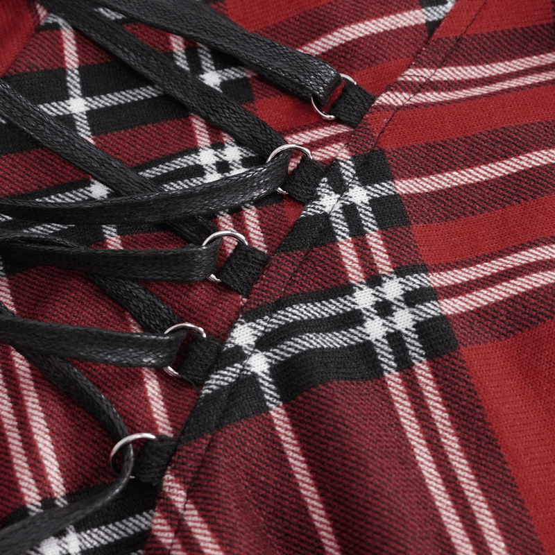 Close-up of red and black checkered fabric with lace-up detail, perfect for a punk style dress.