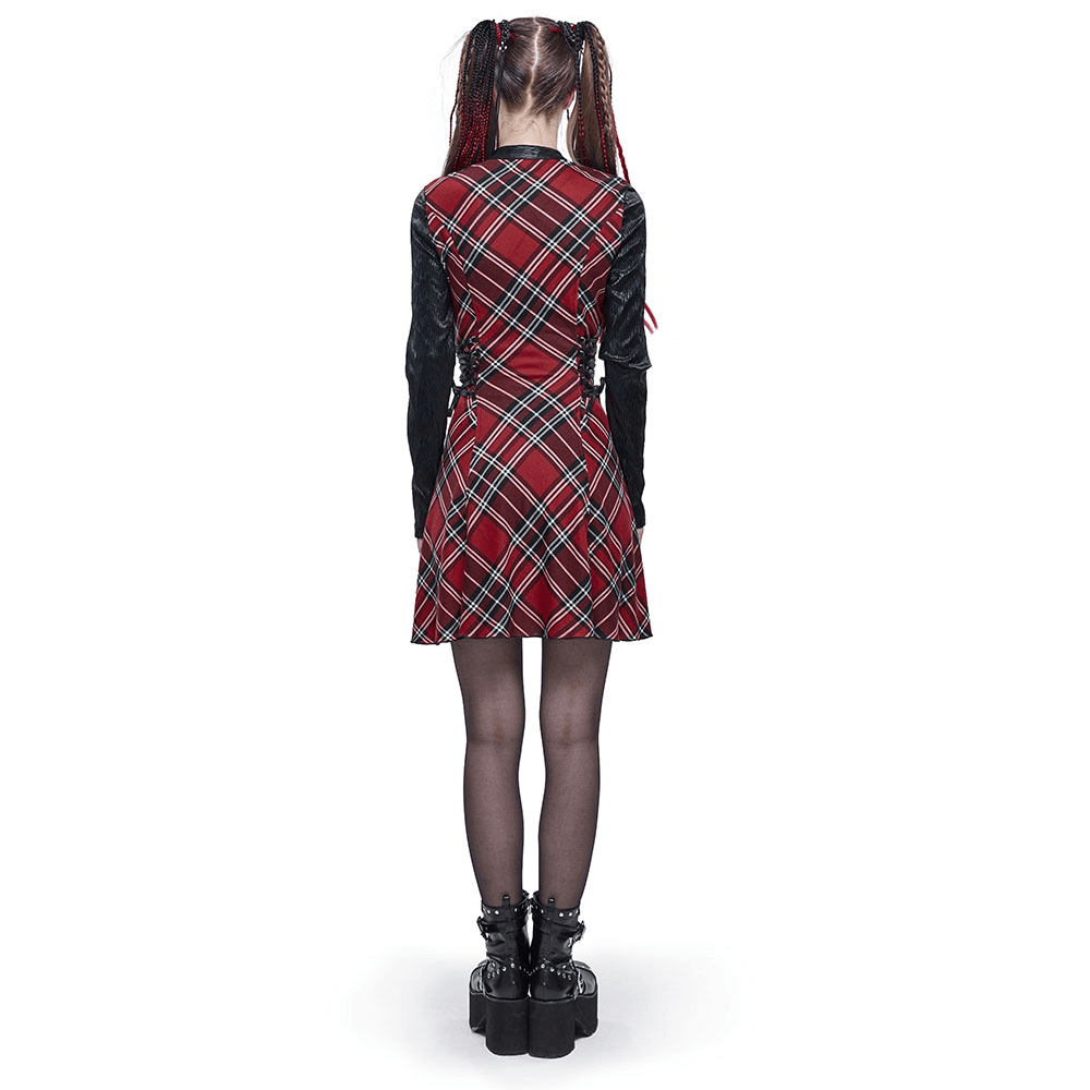 Back view of a stylish black and red plaid punk dress for women with a tight fit, perfect for grunge fashion lovers.