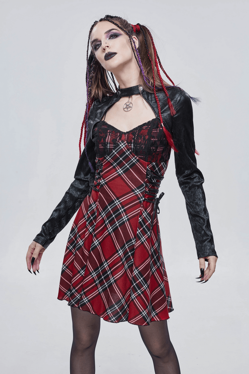 Women’s punk checkered dress with pentagram collar, featuring a tight fit and stylish black and red design.