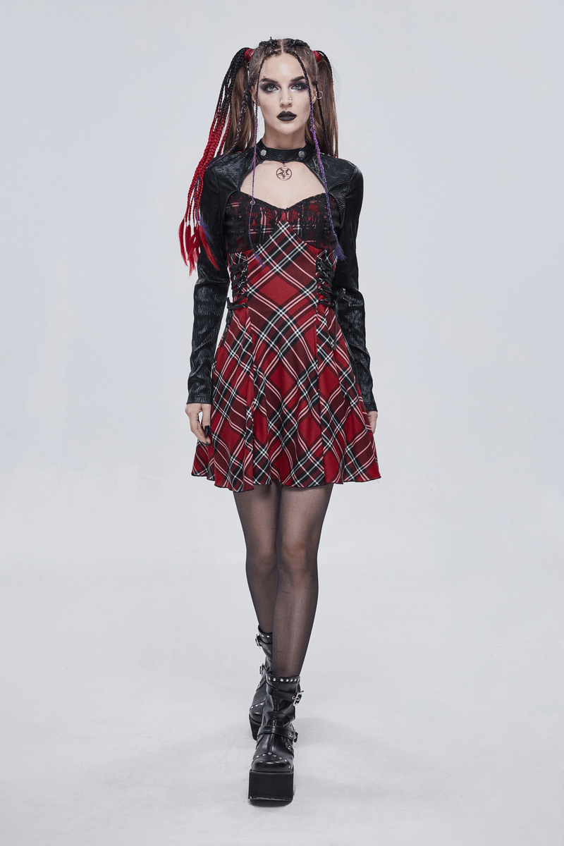 Punk-style women's black and red checkered dress featuring a flattering cut and elegant pentagram collar.