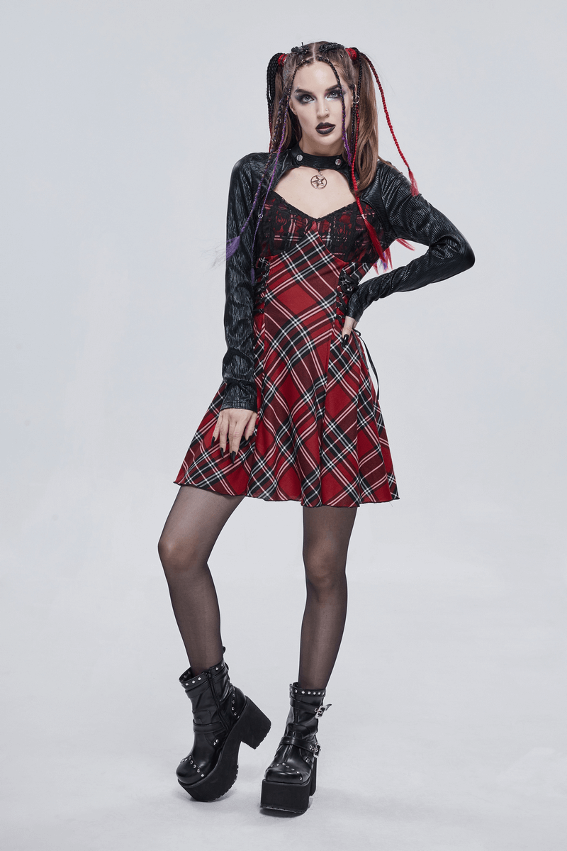 Black and red punk dress with checkered design, featuring a pentagram collar and stylish boots.