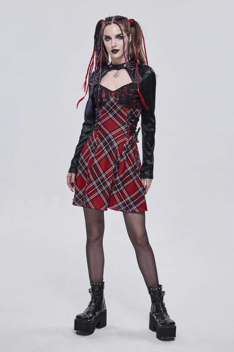 Punk-style black and red checkered dress with pentagram collar, perfect for a trendy, edgy look.