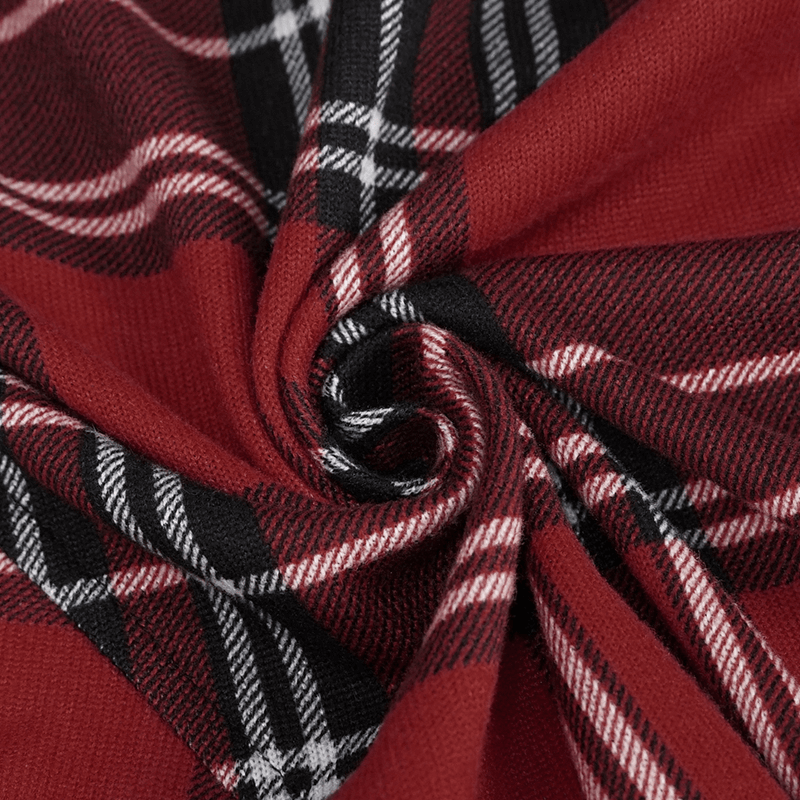 Close-up of red and black checkered fabric, showcasing the punk style pattern for a women's knit dress.