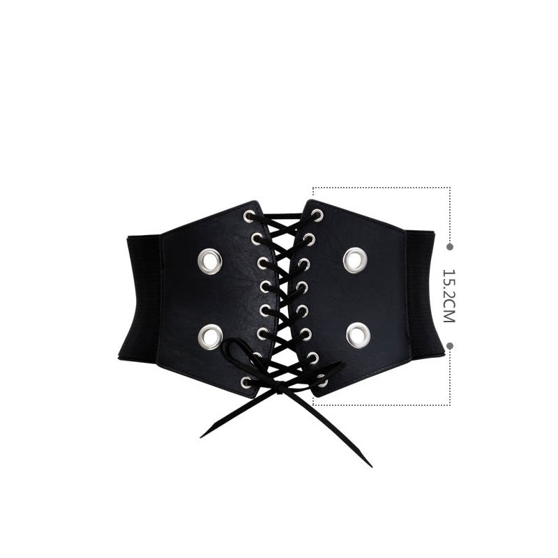 Wide black gothic belt with rivets and lacing, perfect for alternative fashion lovers.