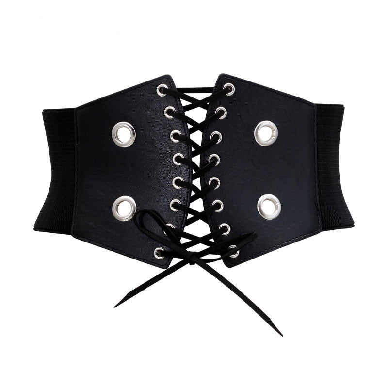 Black wide gothic waist belt with lace-up design and rivets for alternative fashion.