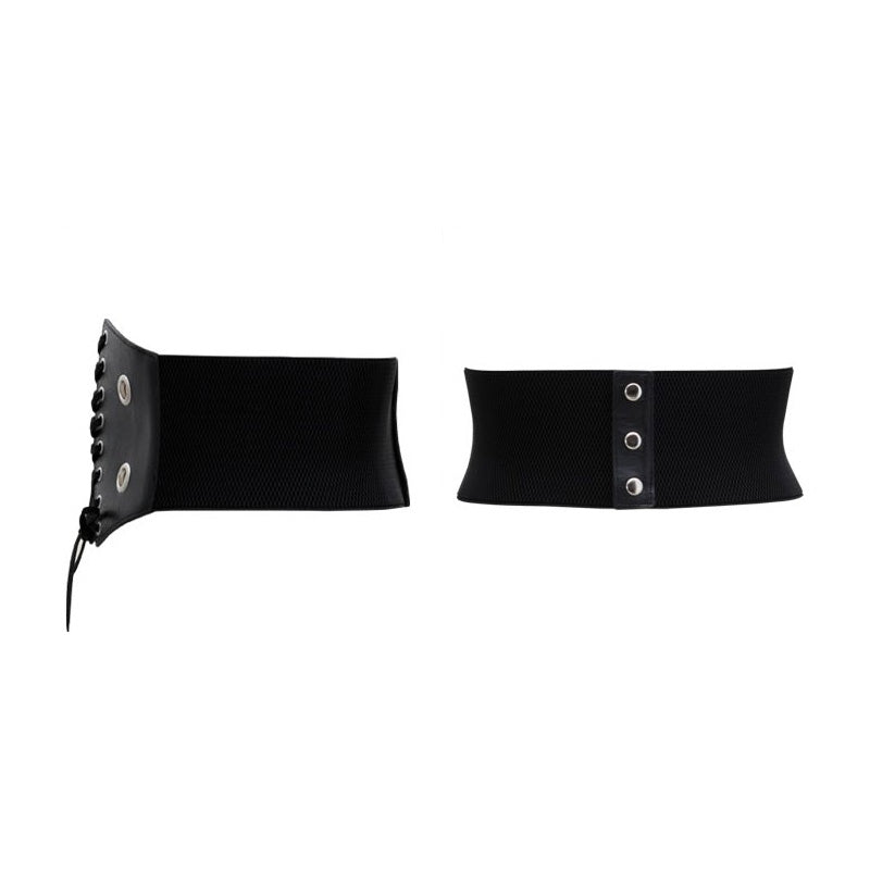 Black wide gothic belt with rivets and lacing, perfect for alternative fashion and versatile styling.
