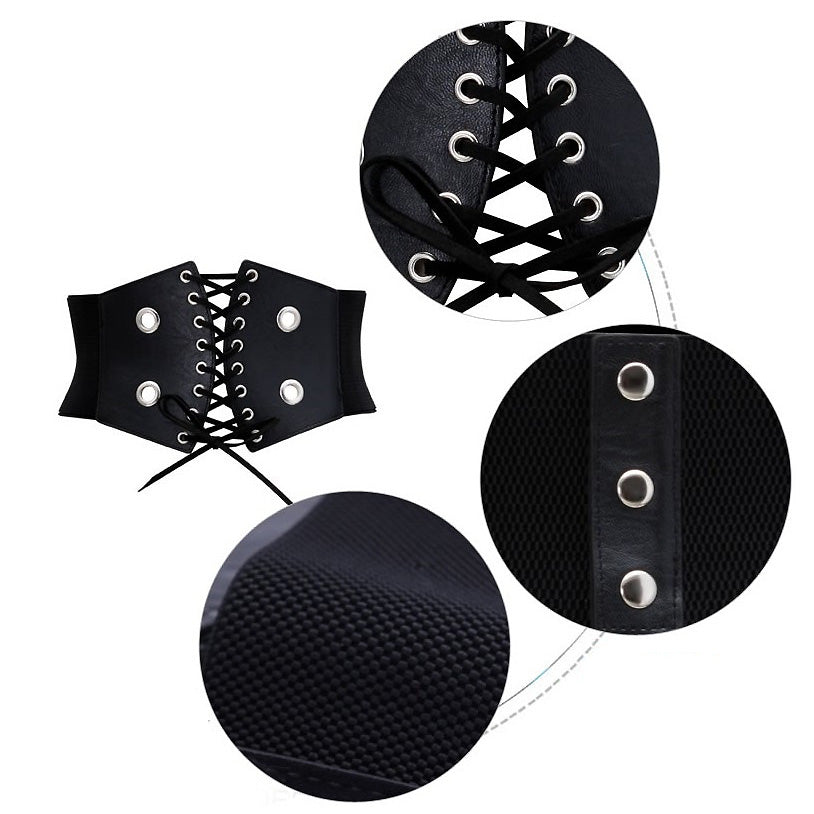 Close-up of a black wide gothic belt with lace-up design and rivets, made from durable polyester for alternative fashion.