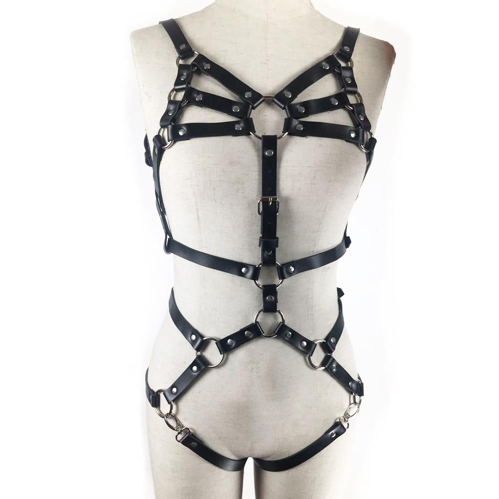 Black women body harness belt set featuring geometric pattern and strong buckles for a stylish bondage look.