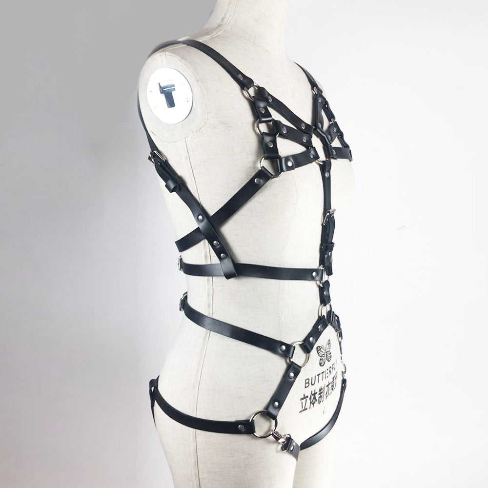 Black women body harness belt set made of imitation leather, showcasing a geometric pattern and durable buckles.