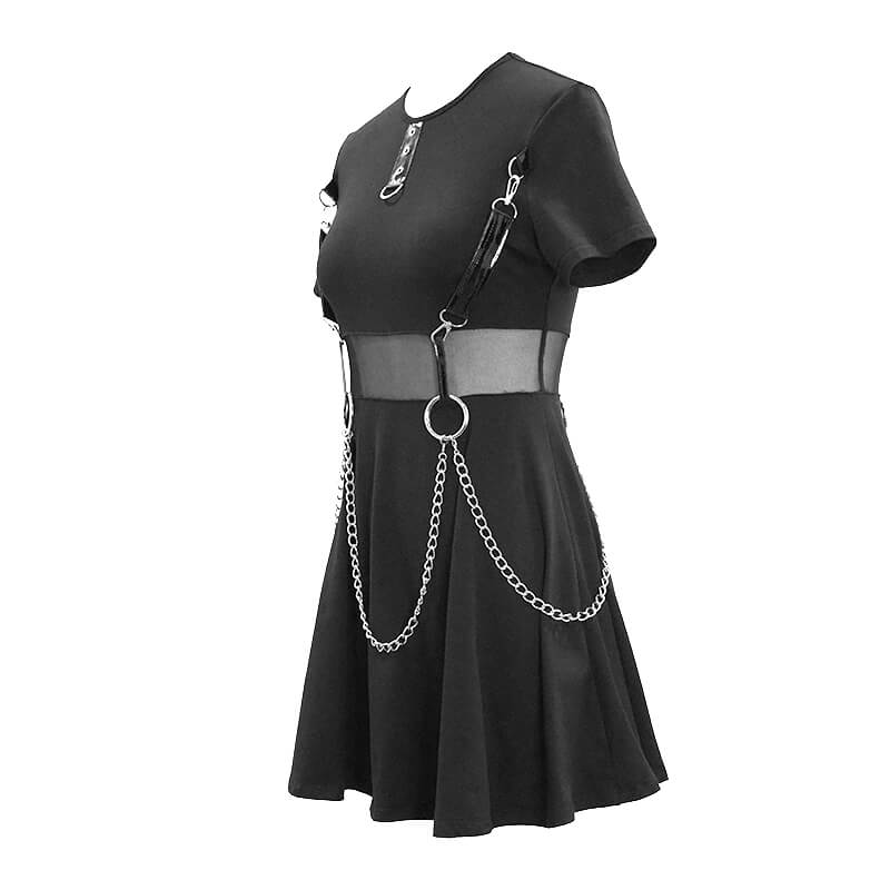 Black Women Gothic Punk Short Dress / Casual Female Short Sleeve Dresses with Chain - HARD'N'HEAVY