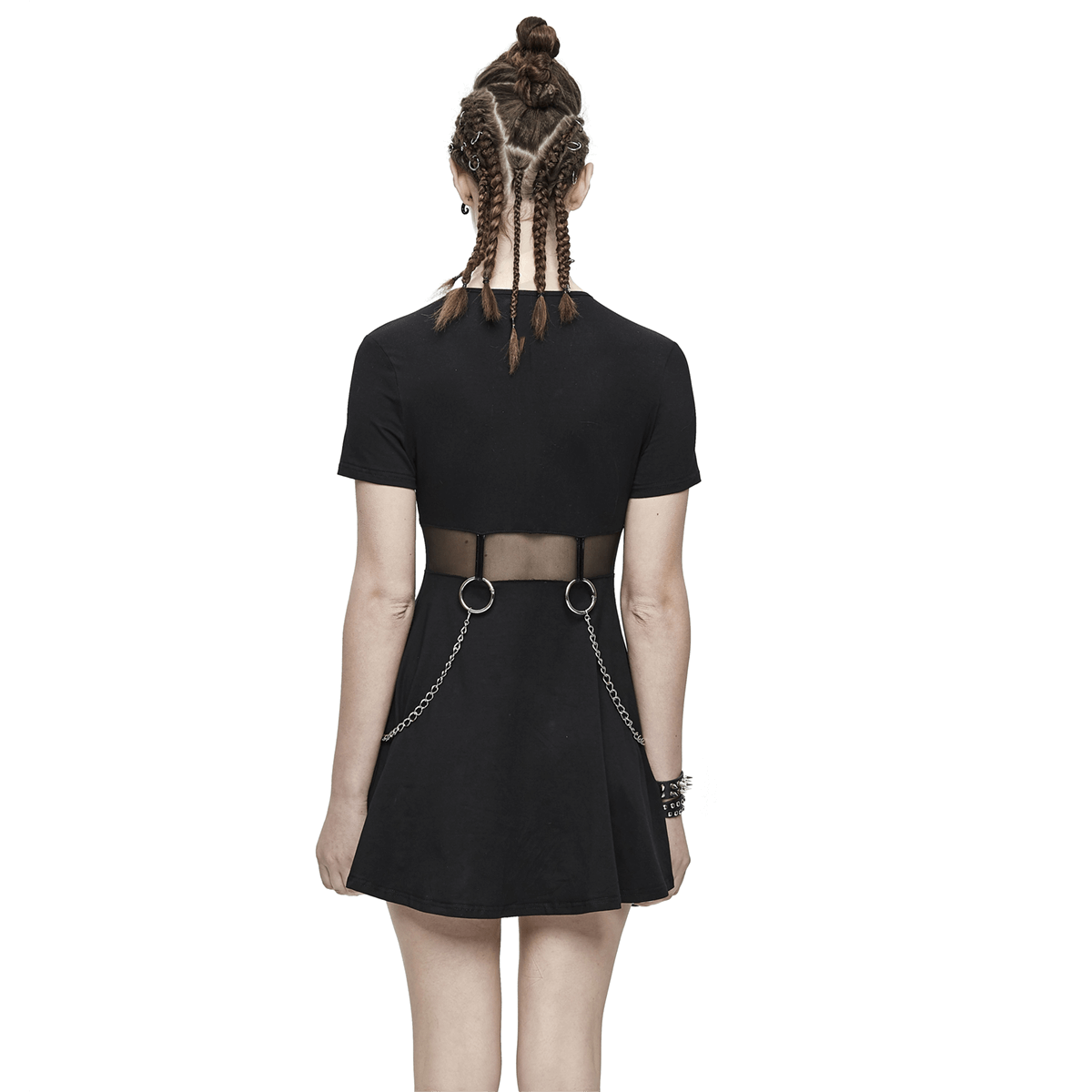Black Women Gothic Punk Short Dress / Casual Female Short Sleeve Dresses with Chain - HARD'N'HEAVY