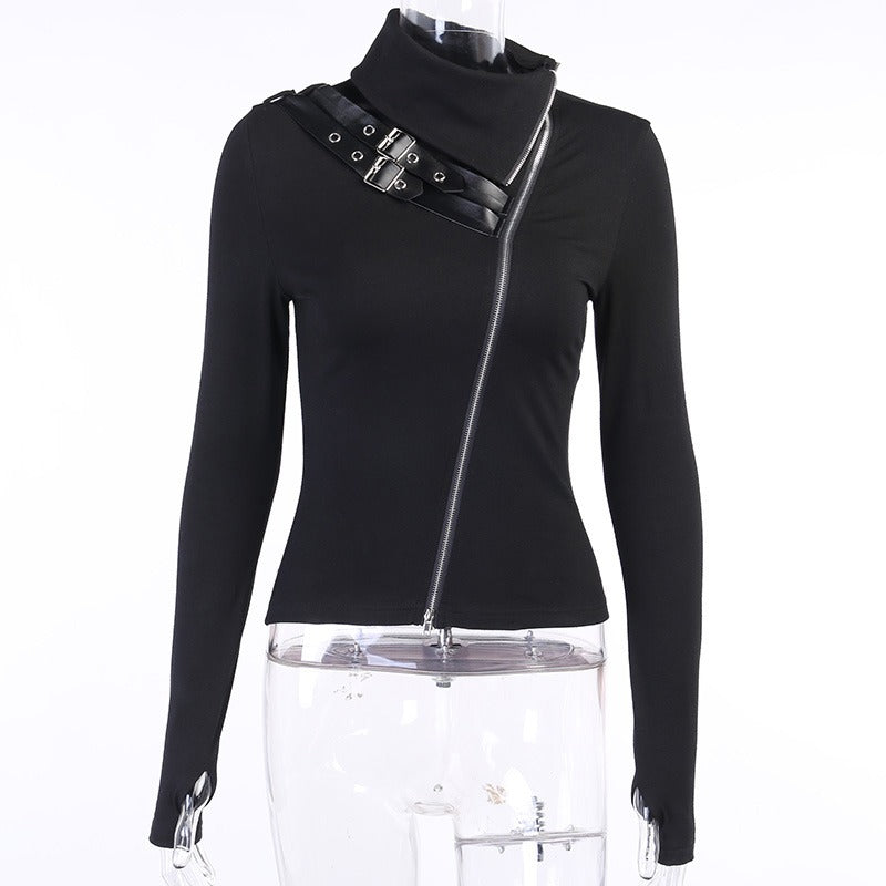 Black Women Gothic Streetwear / Sexy Doubt Zipper Turtleneck Long Sleeve Tops - HARD'N'HEAVY