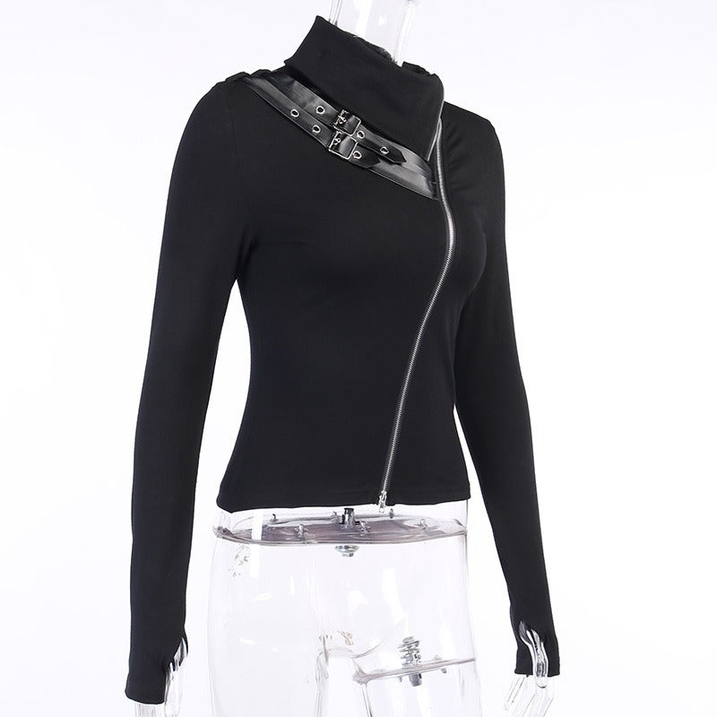 Black Women Gothic Streetwear / Sexy Doubt Zipper Turtleneck Long Sleeve Tops - HARD'N'HEAVY