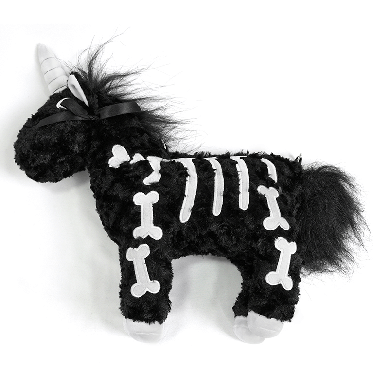 Black plush unicorn toy with white bone pattern, perfect for gothic fashion lovers and unique accessory enthusiasts.