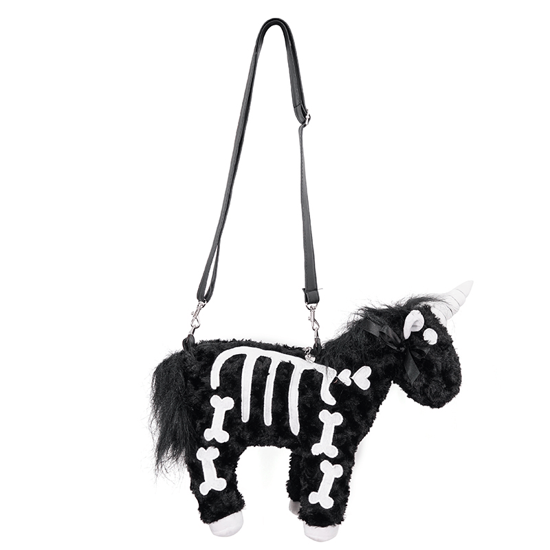 Black plush unicorn handbag with white bone pattern, perfect gothic accessory for women.