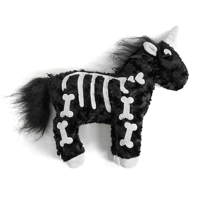 Black plush unicorn handbag with white bones pattern, perfect gothic accessory for stylish women.