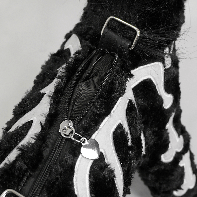 Black Women's Bag in Form Plush Unicorn with White Bones Pattern / Fashion Gothic Handbag Tote Bag