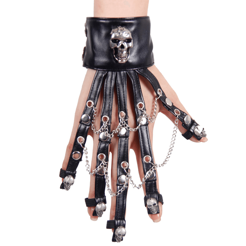 Black Women's Leather Glove with Chains and Skulls / Dark Gothic Fashion Accesories