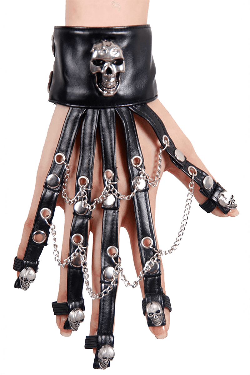 Stylish black women's leather gloves featuring chains and skulls, perfect for gothic fashion lovers.