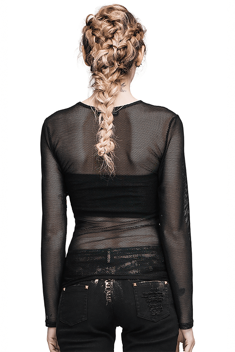 Back view of a woman in a black long sleeve mesh top, showcasing a stylish steampunk design.