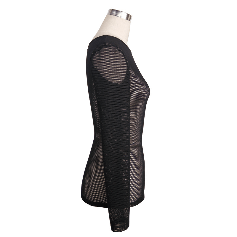 Black Women’s O-Neck Long Sleeves Mesh Top / Steampunk Style See-through Ladies Clothing