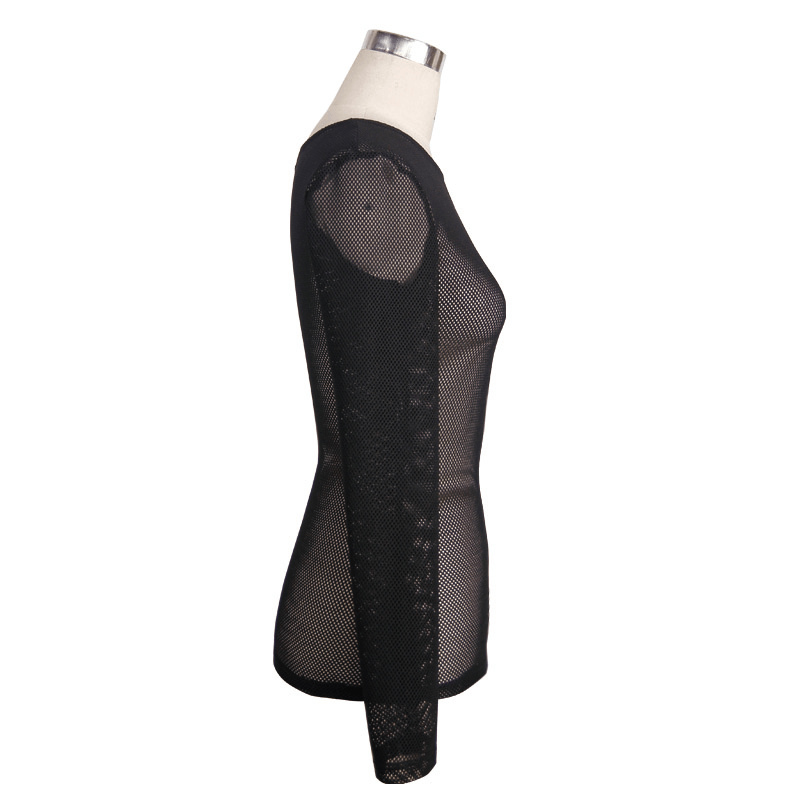 Black women's O-neck long sleeve mesh top in steampunk style, highlighting modern design and figure.