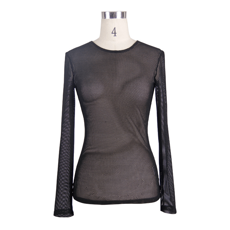 Black women's long sleeve mesh top in steampunk style, perfect for a chic and modern wardrobe.