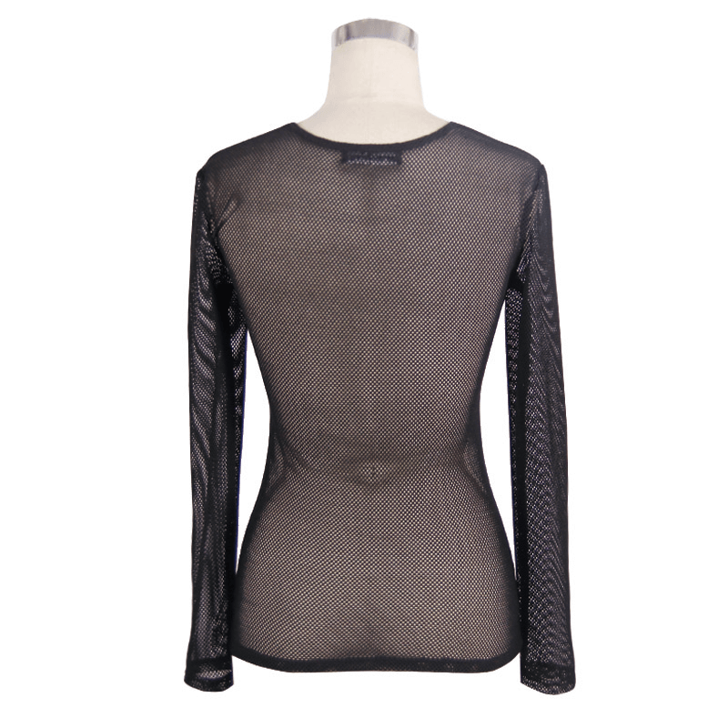 Black Women’s O-Neck Long Sleeves Mesh Top / Steampunk Style See-through Ladies Clothing