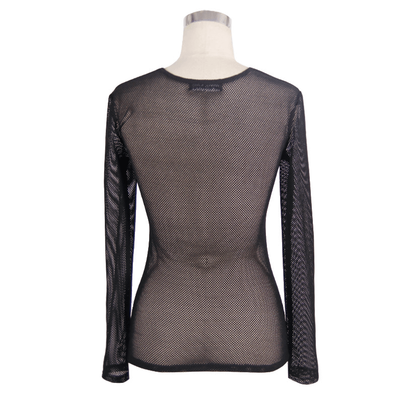 Back view of a stylish black women's long sleeve mesh top, showcasing its steampunk design and figure-emphasizing fit.