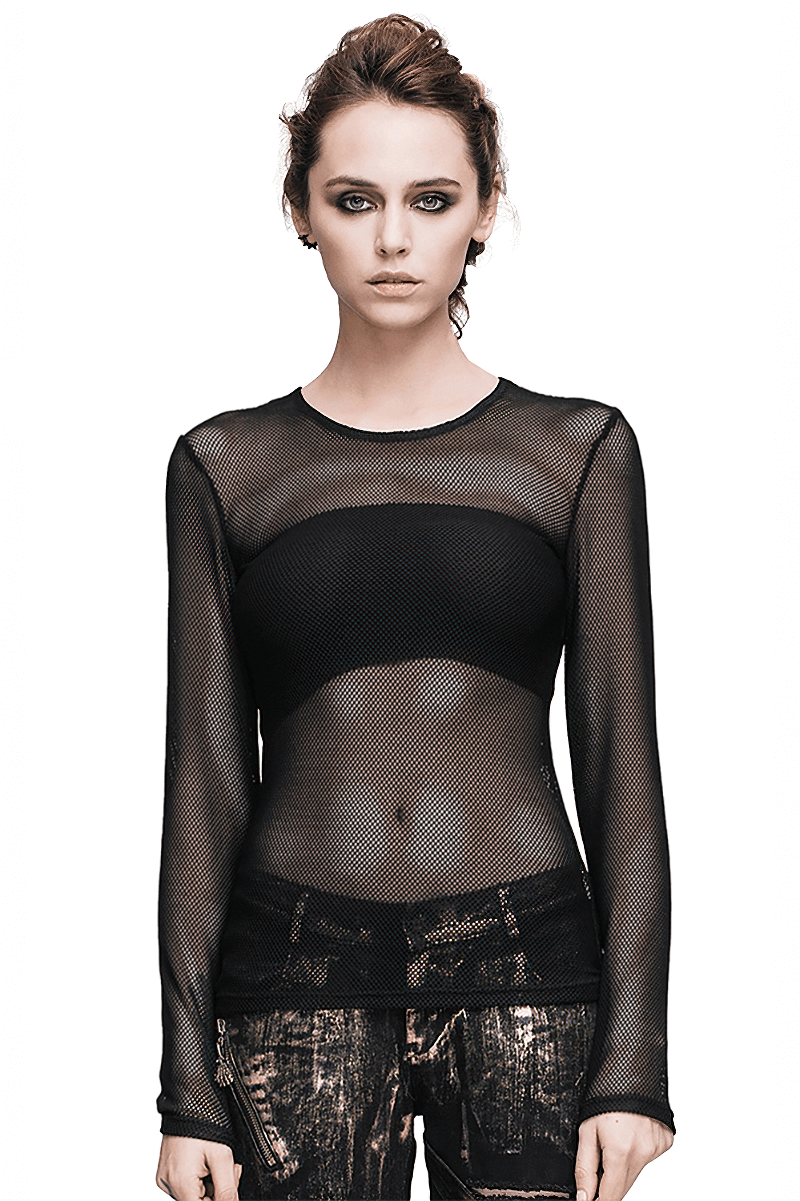 Stylish black women's long sleeve mesh top in steampunk style, showcasing a modern and elegant fit.