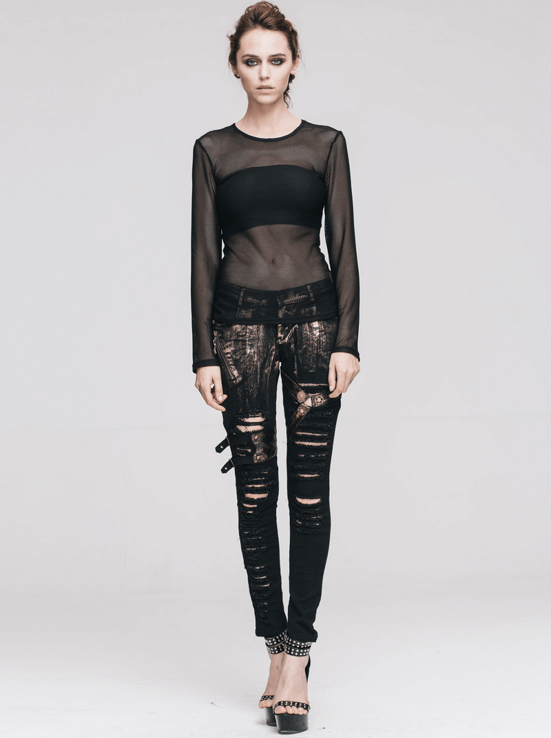 Black women's long sleeve mesh top styled with ripped black pants, showcasing a chic steampunk fashion look.