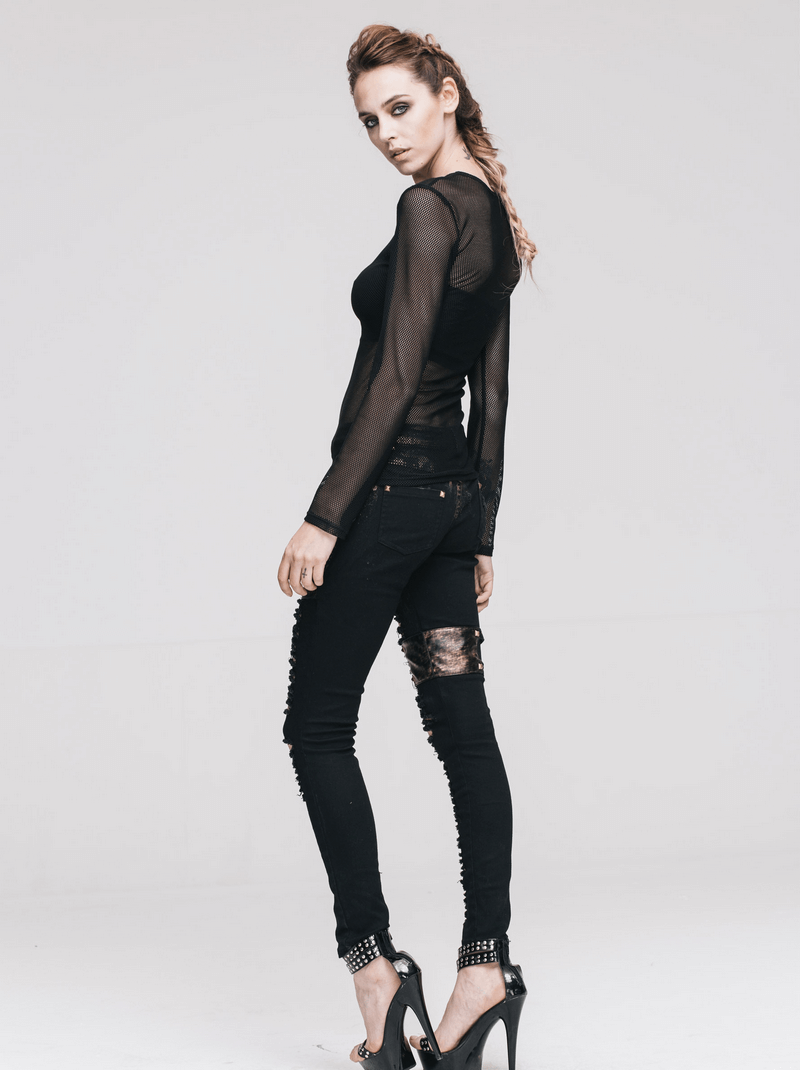 Black women's O-neck long sleeve mesh top in steampunk style, paired with ripped black jeans and high heels.